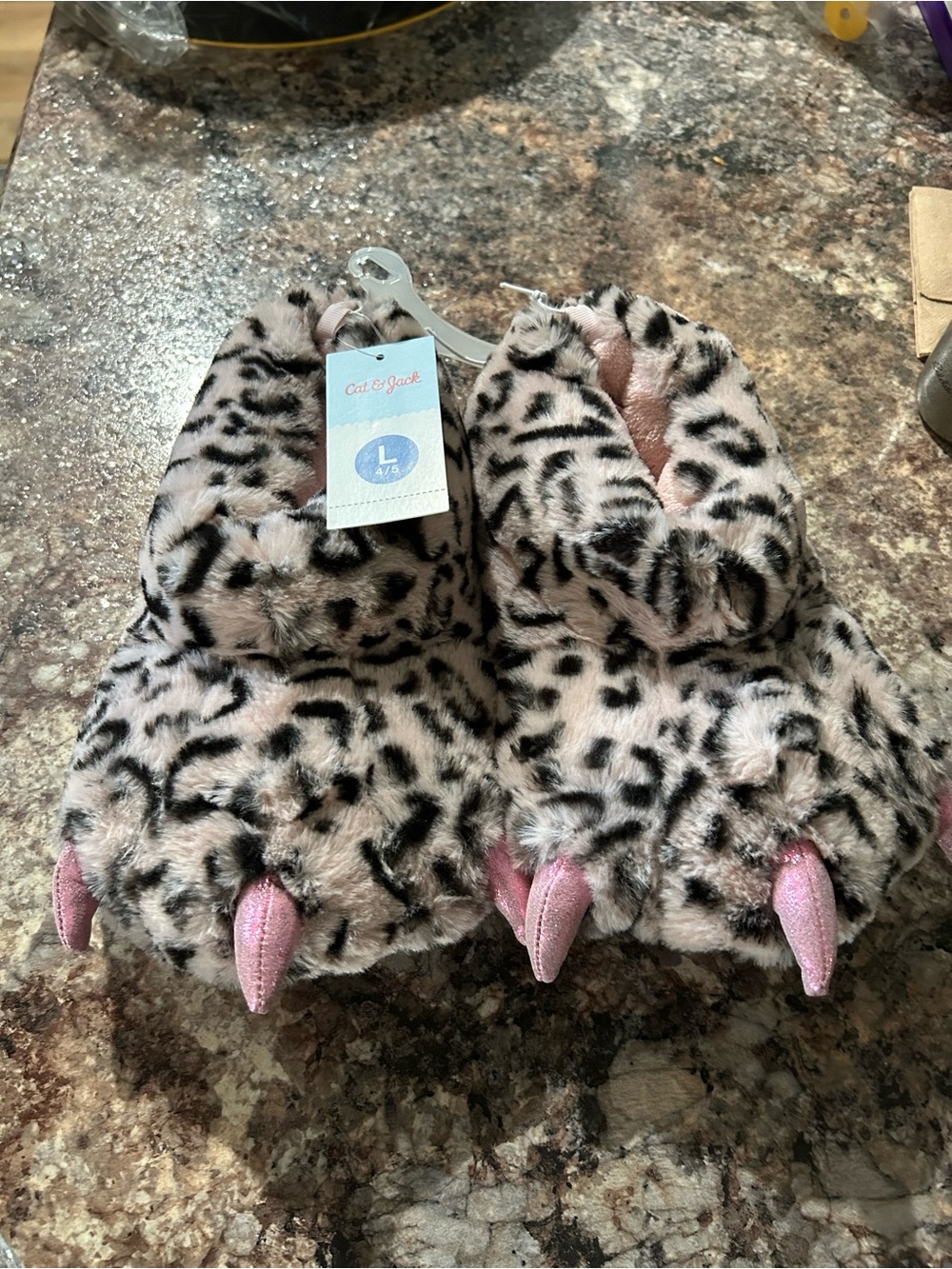 Cat & Jack Leopard Plush Claw Slippers - Pink and Black